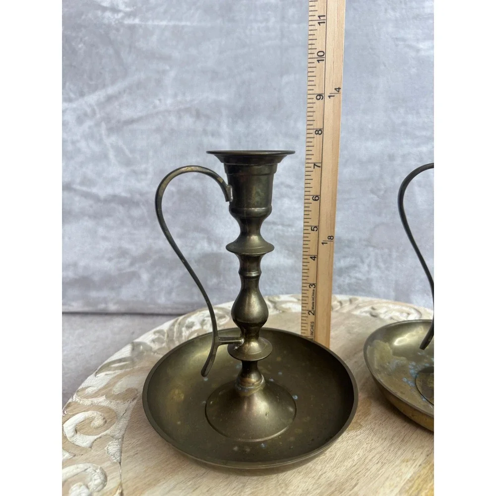 Vintage‎ Solid Brass Chamberstick Candle Holders Pair Finger Loop Handle 7 Inch